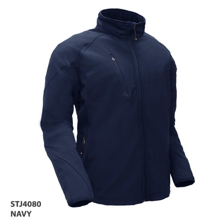 A navy soft shell jacket with a zip front and pockets, featuring a branded logo.