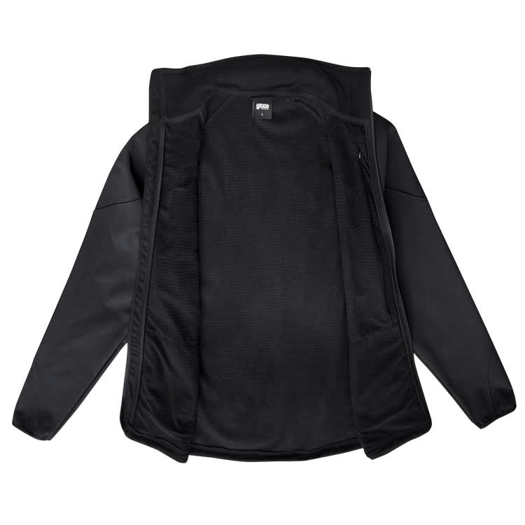 A black soft shell jacket with a zippered front and no external pockets, featuring a logo inside.