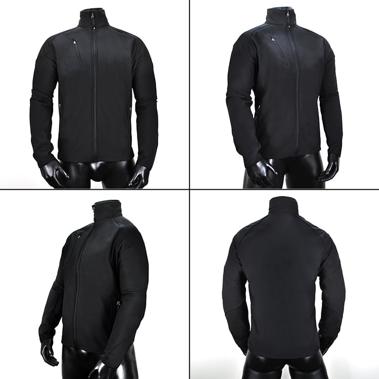 A black soft shell jacket featuring a sleek design and multiple views, showcasing its modern fit and full zip.