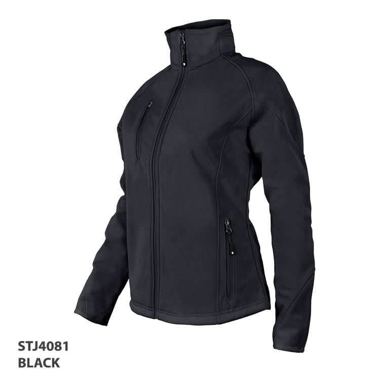 A black Vista Jacket with a high collar, zippered front, and multiple pockets. Features a logo on the jacket.