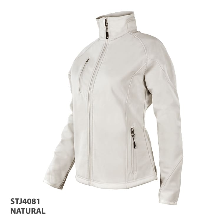 A light cream jacket with a high collar, featuring two zippers and a fitted style. It has a branding logo.