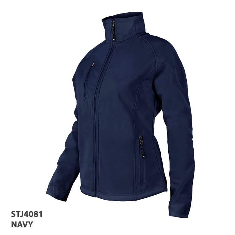 A navy jacket with a high collar, featuring zippered pockets and a fitted silhouette, along with a logo.