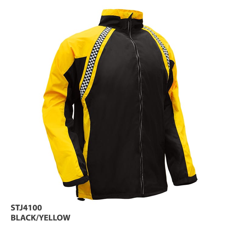 A black and yellow jacket with a checkered design and a branding logo on the chest.