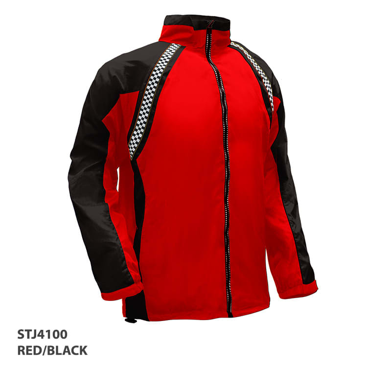 A red and black jacket featuring a checkered pattern along the sides and a zipper closure. It has a logo present.