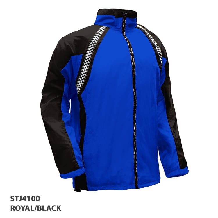 A blue and black jacket with a zip closure and chequered detailing on the shoulders. It features a logo.