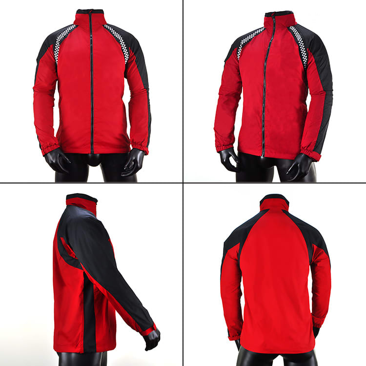 A red jacket with black accents, featuring a zip front, elastic cuffs, and a logo. Displayed from multiple angles.