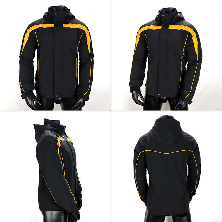 A black jacket with yellow accents, featuring a hood and multiple angles displayed. It has a logo on the front.