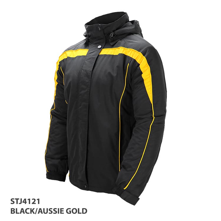A black jacket with yellow accents and a hood, featuring a logo on the front.