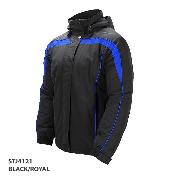 A black jacket with royal blue accents, featuring a hood and a branded logo.