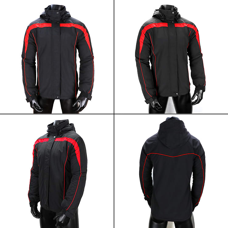 A black jacket with red accents, featuring a hood and multiple angles displayed. It has a logo present.