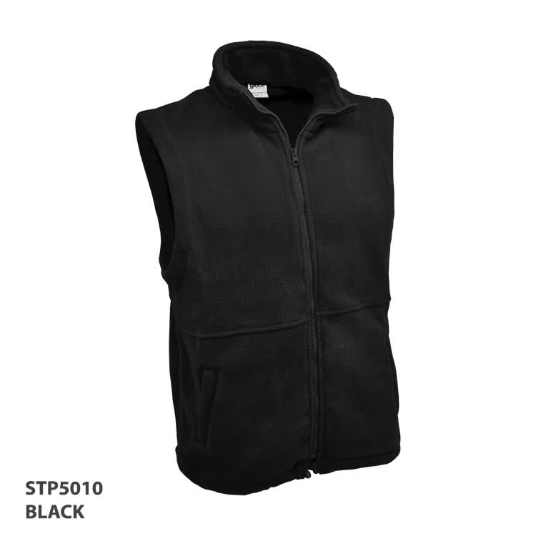 A black polar fleece vest with a zip front and side pockets. It features a logo.