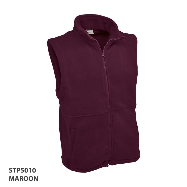 A maroon polar fleece vest with a zip front and side pockets, featuring a logo.