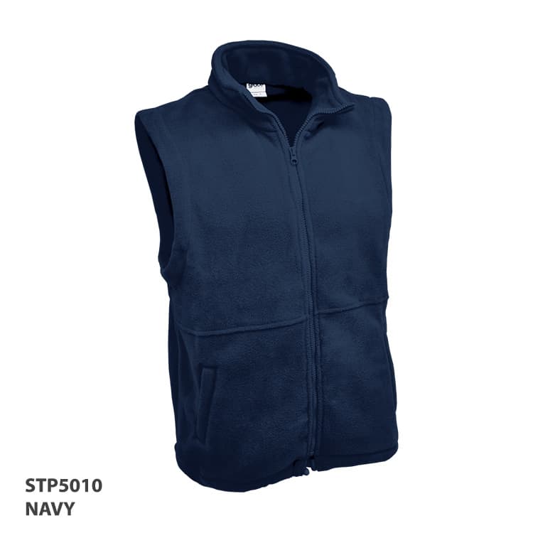 A navy polar fleece vest with a zip front and side pockets, featuring a logo on the chest.