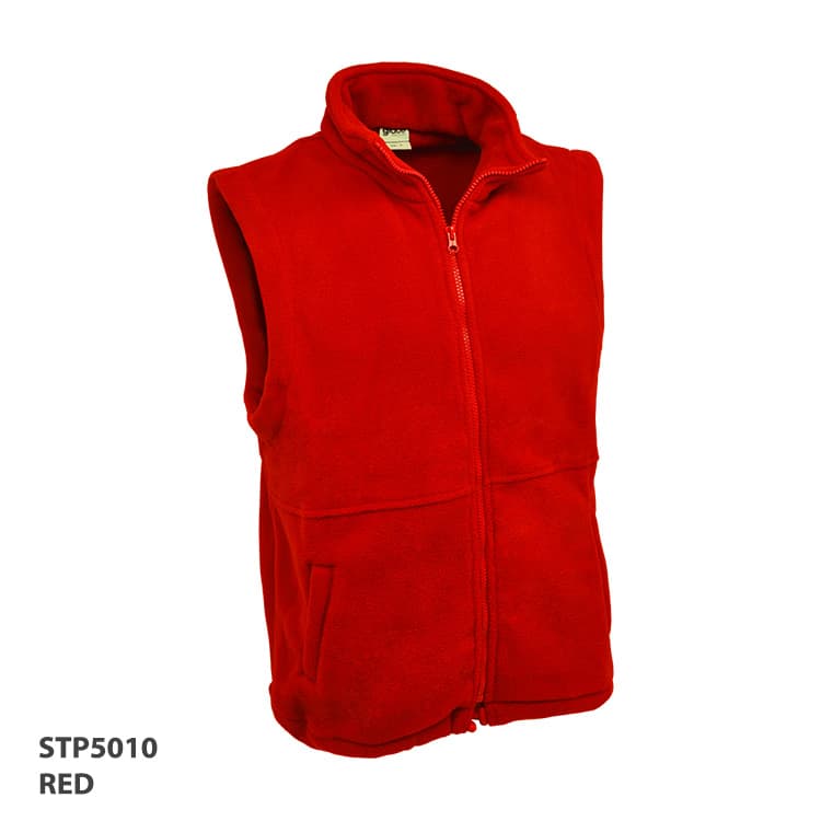 A red polar fleece vest with a zip front and pockets, featuring a branding logo.