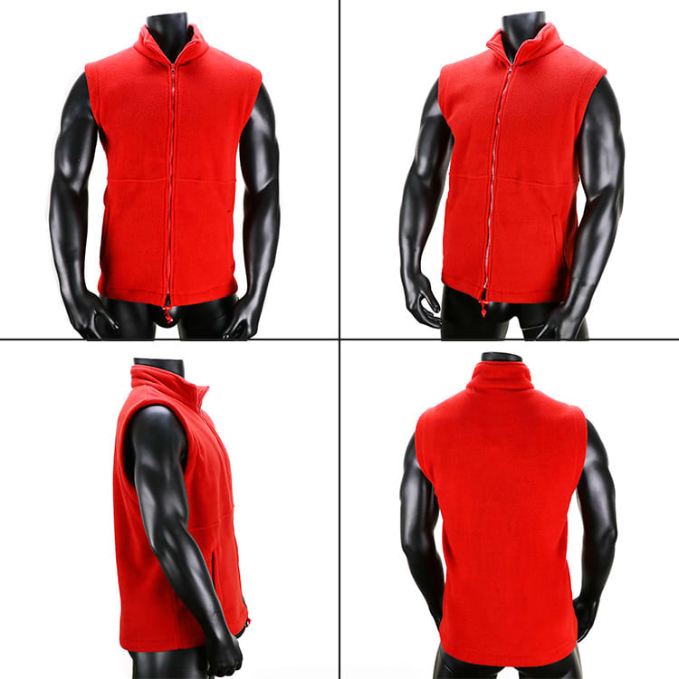 A red polar fleece vest displayed from multiple angles, featuring a zip front and high collar. It has a logo.