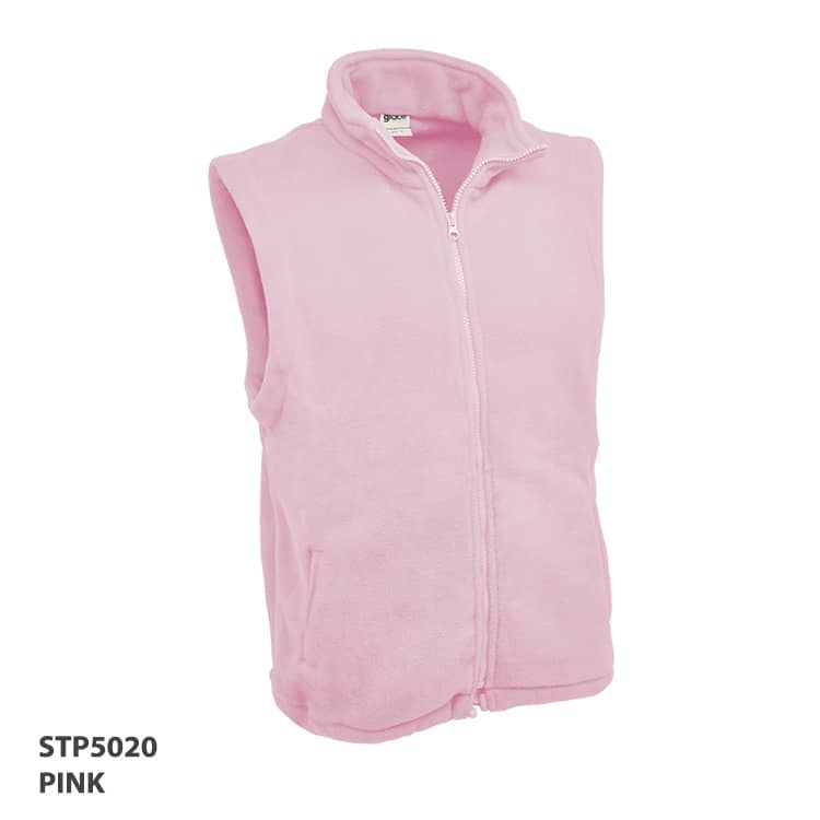 A pink polar fleece vest with a full front zip and a collar. It features a logo on the front.