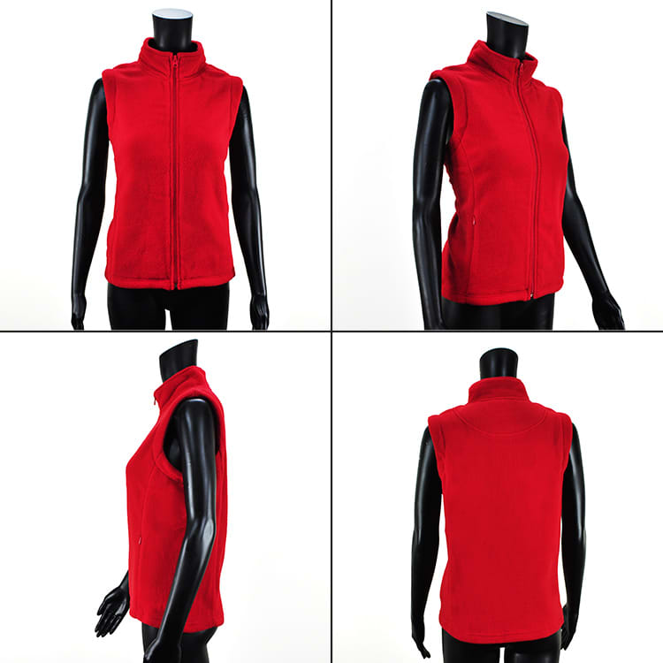 A red polar fleece jumper displayed on a mannequin, showcasing front, back, and side views. It features a high collar and zip.