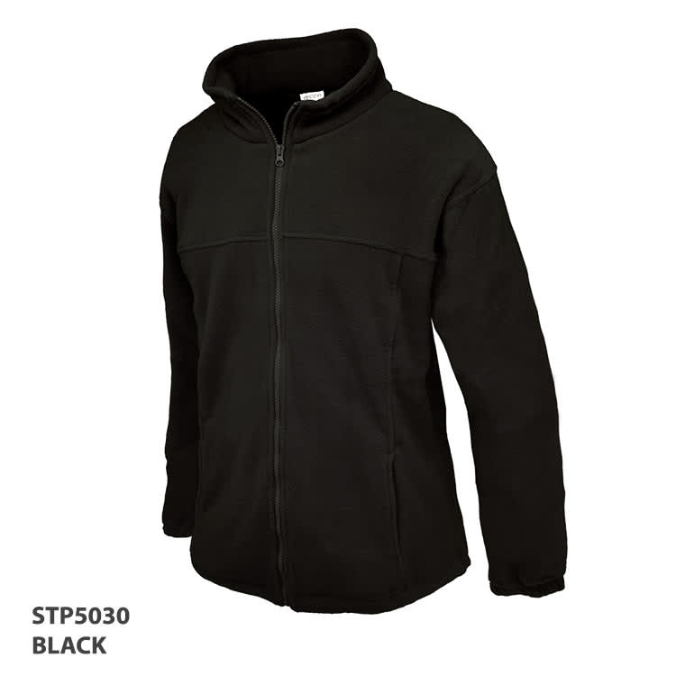 A black polar fleece jacket with a zip and collar, featuring a logo on the front.