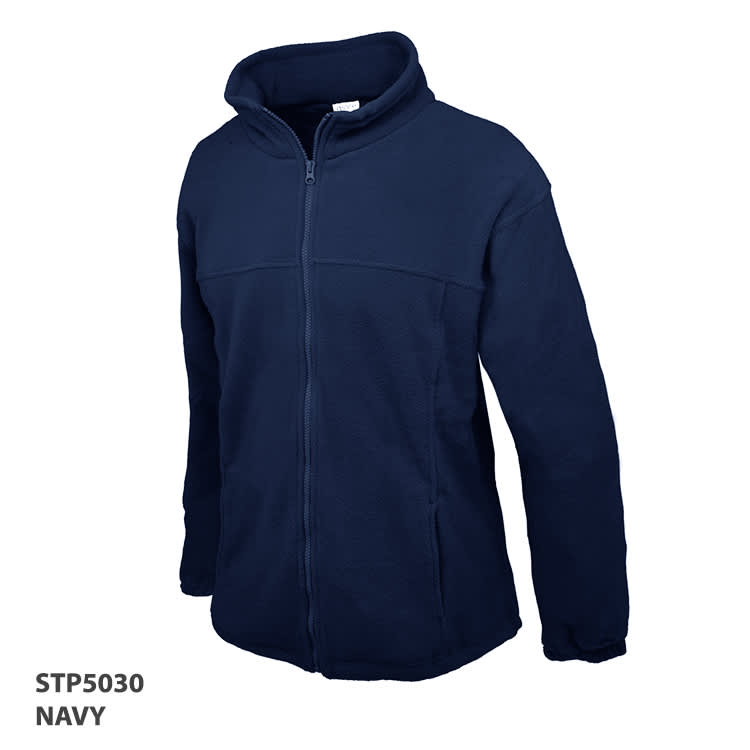 A navy polar fleece jacket with a zip front and a high collar. It features a logo on the chest.