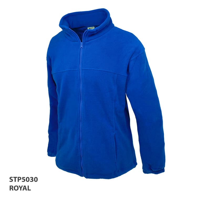 A royal blue polar fleece jacket with a zip front and a high collar, featuring a logo.