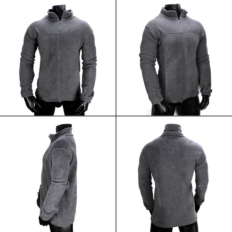 A grey polar fleece jacket featuring a zip closure and high collar, displayed from multiple angles.