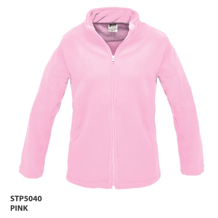 A pink polar fleece jacket with a zip front and a subtle logo. Features long sleeves and a collar.