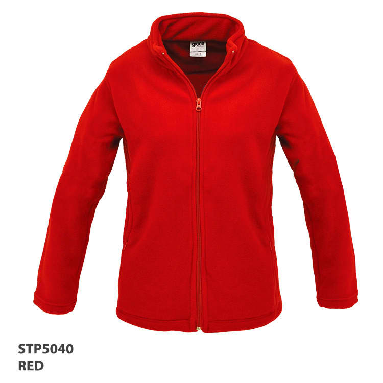 A red polar fleece jacket with a zip front and a collar. It has a logo on the upper left side.