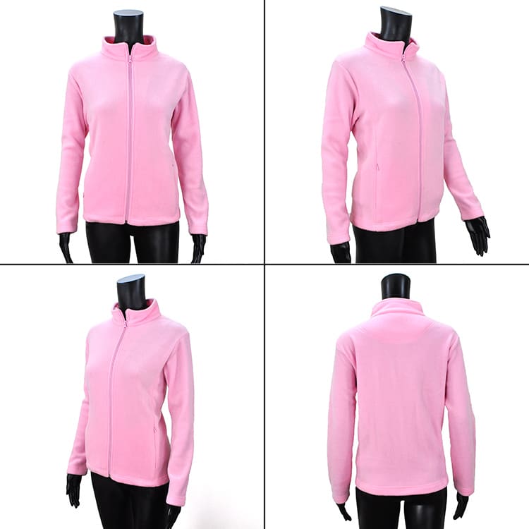 A pink polar fleece jacket displayed from multiple angles, featuring a zip front and a collar. Includes branding.