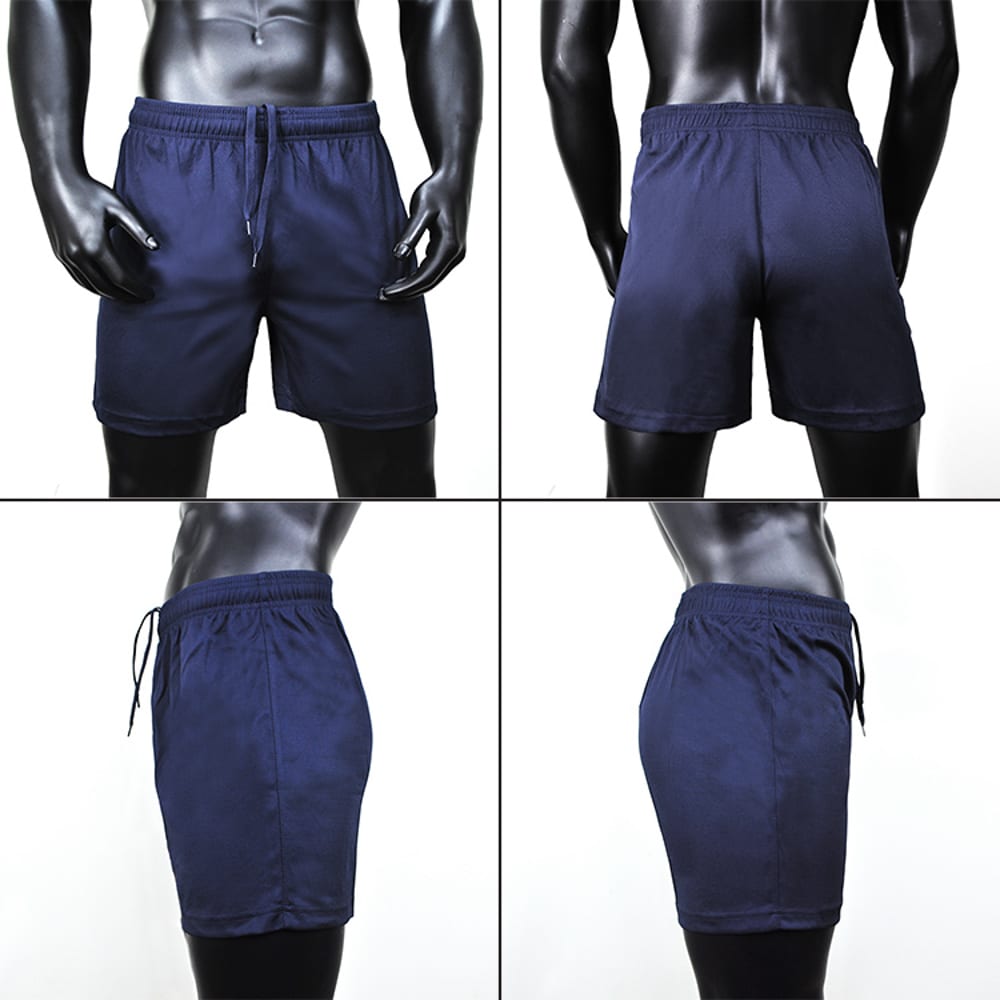Navy blue sports shorts displayed from multiple angles on a mannequin, featuring an elastic waistband and drawstring.