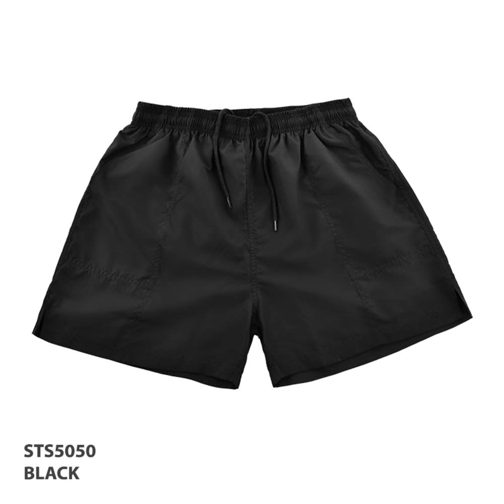 Black sports shorts with an elastic waistband and drawstring. Features a logo on the side.