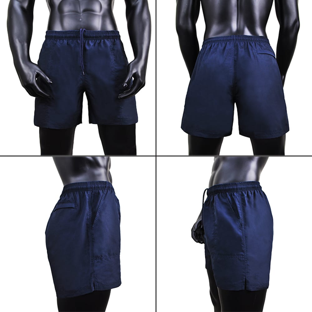 Navy blue sports shorts displayed from multiple angles, featuring an elastic waistband and a logo.