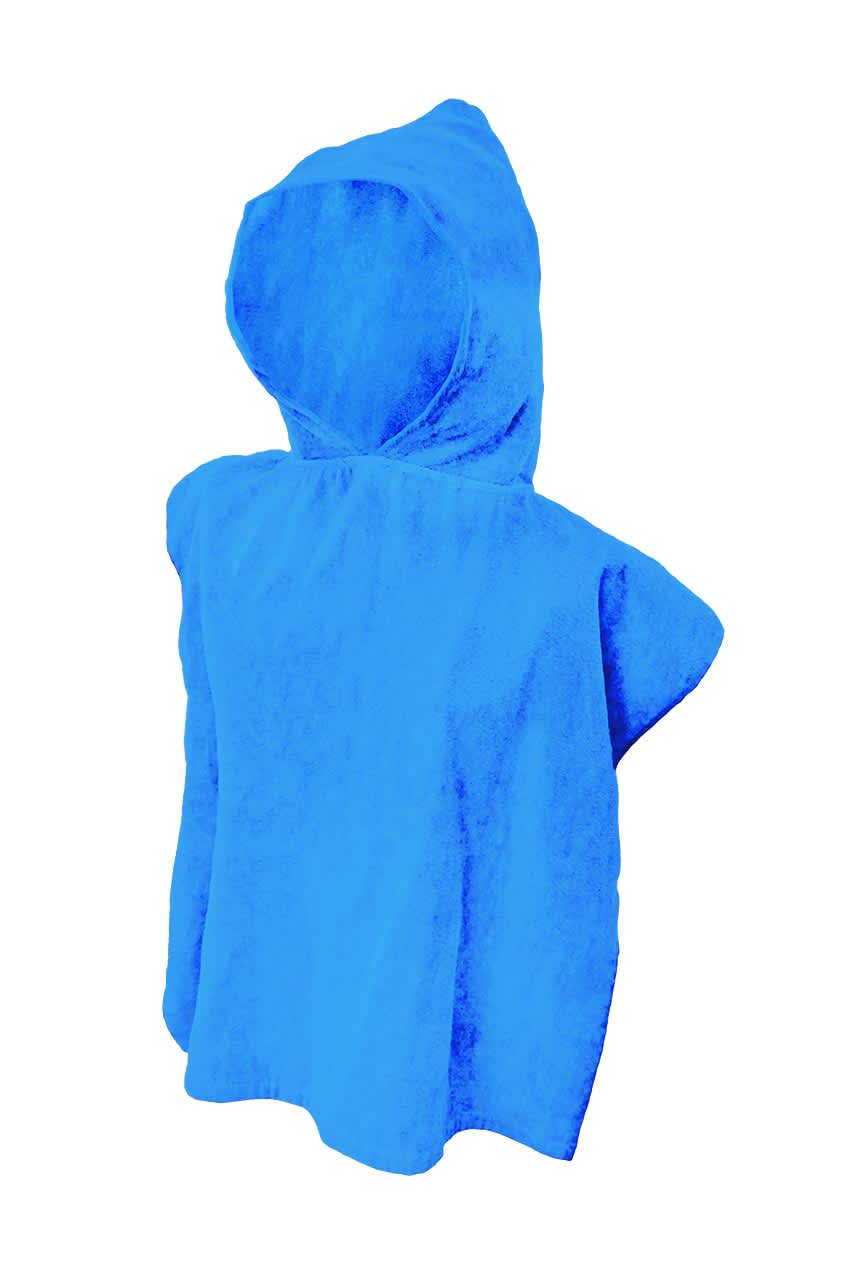 A blue hooded towel with a soft texture, designed for personal use. It features a convenient hood and open sides.