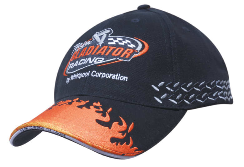 Brushed Heavy Cotton Cap with Flame Embroidery on Peak & Side Flag Embroidery