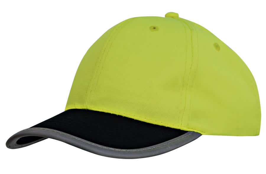 Luminescent Safety Cap with Reflective Trim HE-3021 A bright yellow cap with a black peak and reflective trim, featuring a logo on the front.