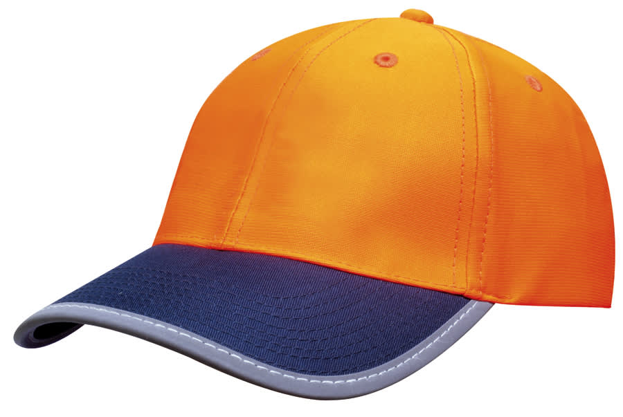 Luminescent Safety Cap with Reflective Trim HE-3021 A bright orange cap with a navy peak and reflective trim, featuring a logo on the front.