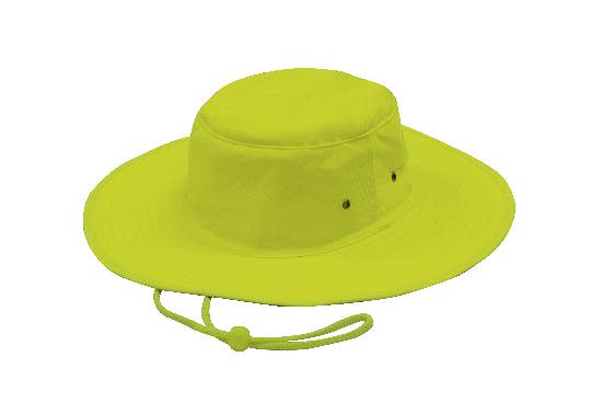 Luminescent Safety Hat HE-3024 A luminescent safety hat in bright yellow with a wide brim and an adjustable chin strap. It features ventilation holes and a logo.