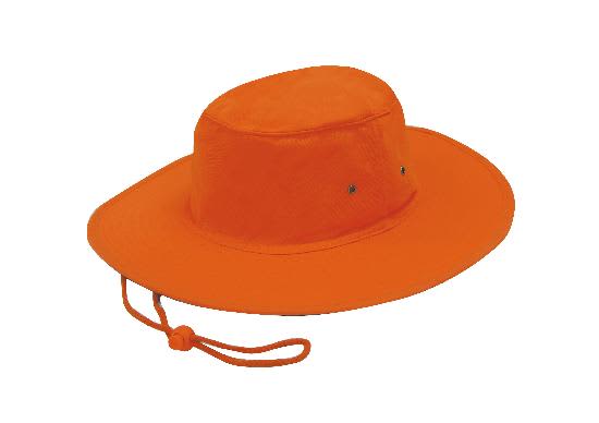 Luminescent Safety Hat HE-3024 An orange safety hat with a wide brim and adjustable drawstring. The hat features ventilation holes on the sides.