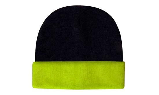 Luminescent Safety Acrylic Beanie - Toque HE-3027 A black beanie with a bright yellow cuff, featuring a logo on the side.