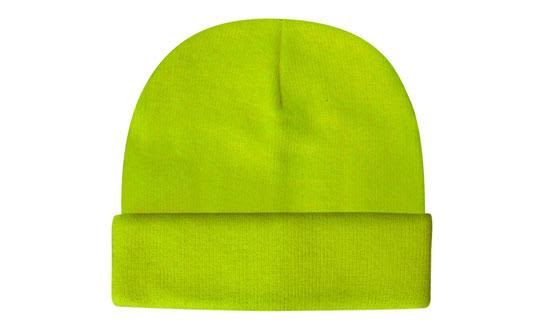 Luminescent Safety Acrylic Beanie - Toque HE-3028 A luminescent safety acrylic beanie in bright high-vis yellow, featuring a fold-over cuff and a logo.