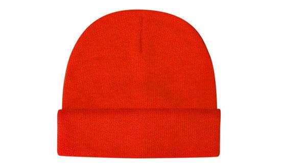 Luminescent Safety Acrylic Beanie - Toque HE-3028 A bright red acrylic beanie with a folded cuff, featuring a logo on the side.