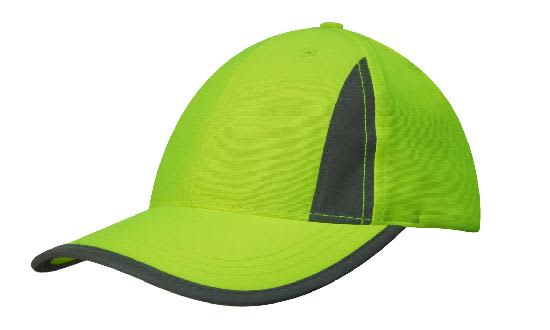 Luminescent Safety Cap with Reflective Inserts and Trim HE-3029 A bright green cap with reflective grey inserts and trim. It features a curved brim and has a logo.