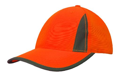 Luminescent Safety Cap with Reflective Inserts and Trim HE-3029 A bright orange cap with reflective inserts and trim, featuring a dark green peak. It has a branding logo on the side.