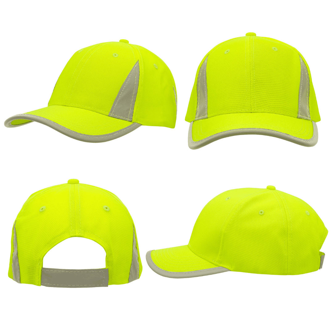 Luminescent Safety Cap with Reflective Inserts and Trim HE-3029 A bright yellow cap featuring reflective inserts and trim, showcasing multiple angles and a logo on the front.