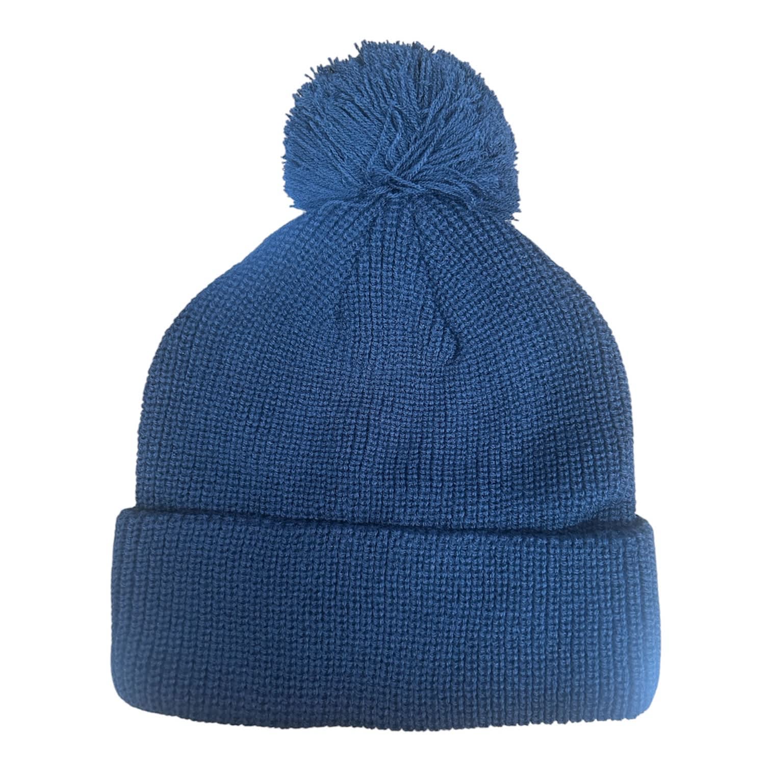 6 SEAM KNITTED BEANIE W/- POM POM HE-3061 A blue 6 seam knitted beanie with a pom pom on top, featuring a fold-over cuff. It has a logo on one side.