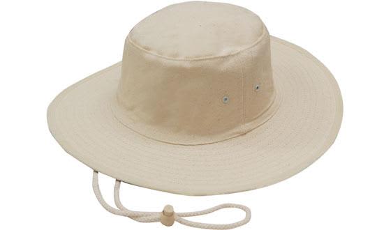 Canvas Hat HE-3791 A beige canvas hat with a wide brim and adjustable string. Features eyelet ventilation and includes a logo.
