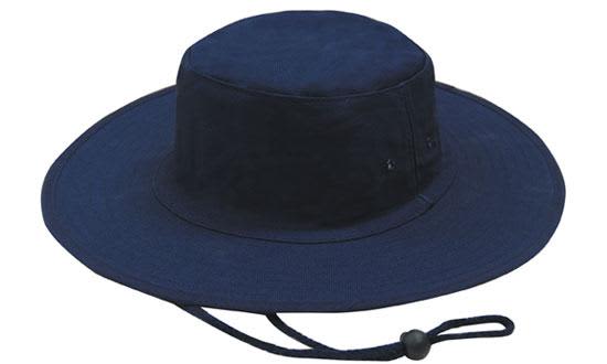 Canvas Hat HE-3791 A navy canvas hat with a wide brim and adjustable chin strap, featuring a logo.