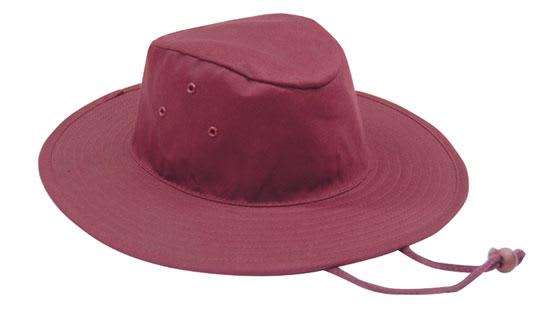 Poly Cotton Slouch Hat HE-3800 A maroon Poly Cotton Slouch Hat with ventilation eyelets and a adjustable chin strap.