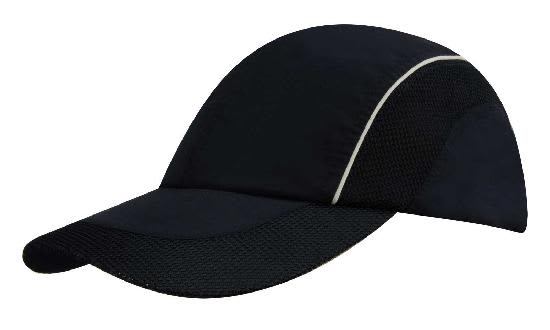 Spring Woven Fabric with Mesh to Side Panels and Peak HE-3802 A black cap featuring woven fabric with mesh side panels and a peak, complete with a branding logo.