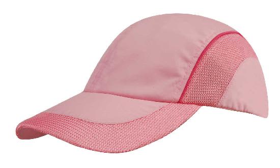 Spring Woven Fabric with Mesh to Side Panels and Peak HE-3802 A pink cap with woven fabric and mesh side panels and peak, featuring a logo.
