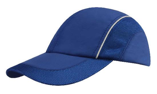 Spring Woven Fabric with Mesh to Side Panels and Peak HE-3802 A blue cap with woven fabric and mesh side panels, featuring a structured peak and a logo.